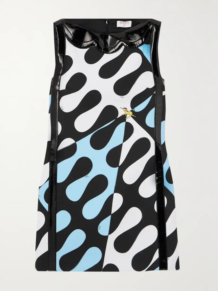 PUCCI - Faux Patent Leather-trimmed Printed Crepe Mini Dress - Blue Cover