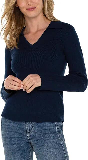 Liverpool Los Angeles Long Sleeve V Neck Collared Sweater (Dark Navy) Women's Sweater Cover