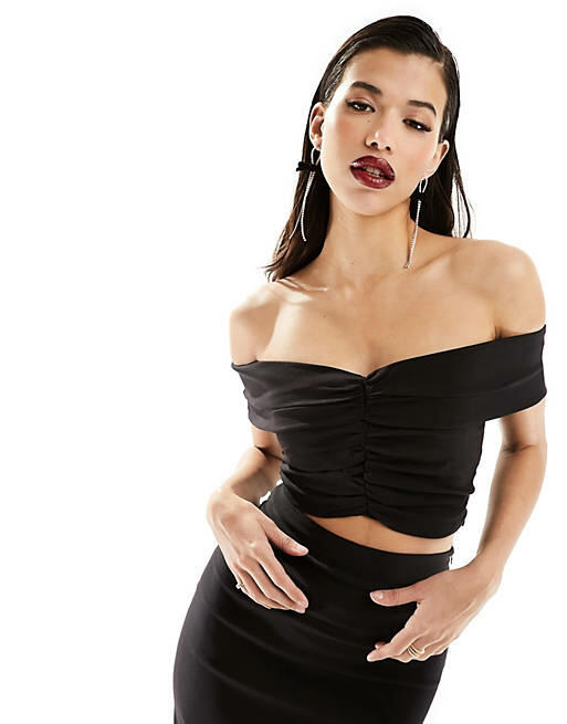 Vesper ruched bardot crop top in black - part of a set Cover