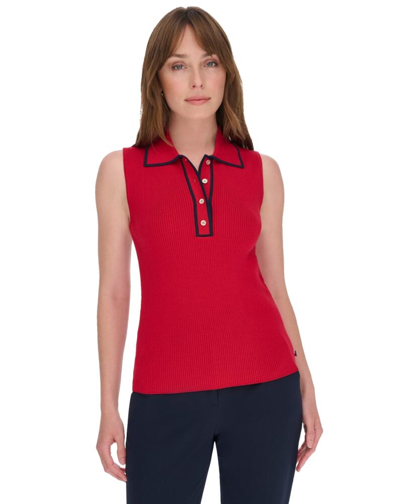 Tommy Hilfiger Women's Rib-Knit Sleeveless Polo Tank Top - Chili/midn Cover