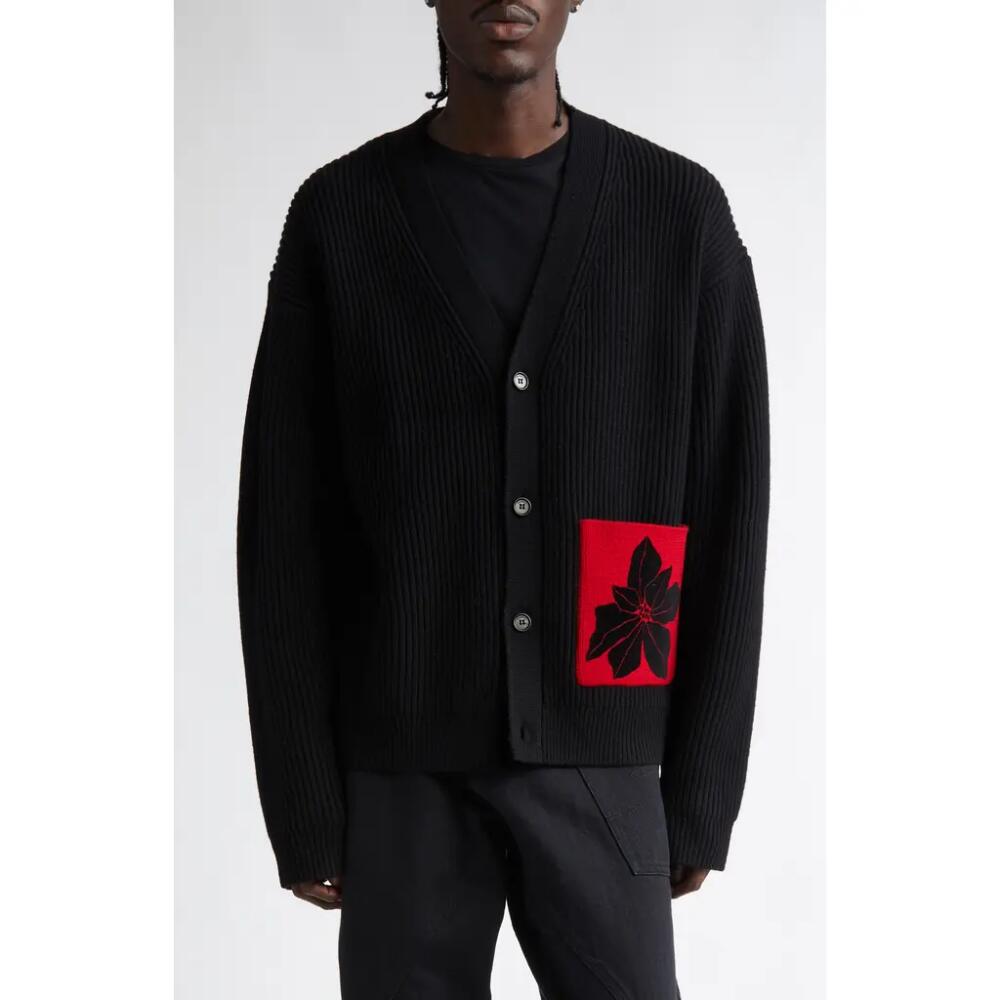 JW Anderson Flocked Flower Patch Pocket Wool Cardigan in Black Cover