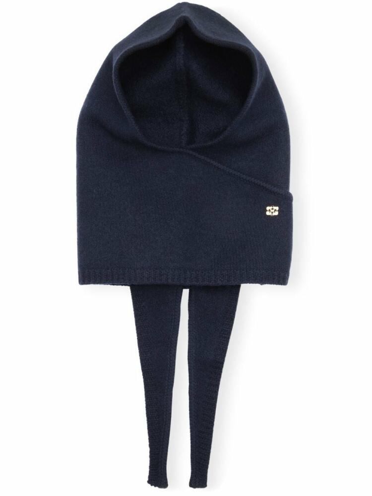 GANNI appliqué-logo wool balaclava - Blue Cover