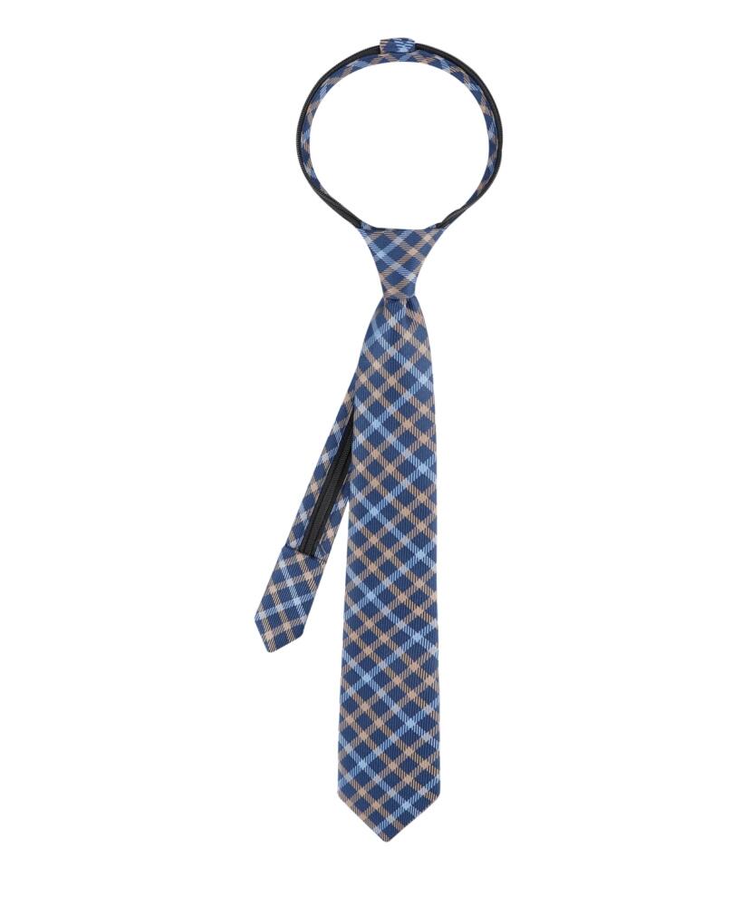 Tommy Hilfiger Boys Madison Grid Check Pre-Tied Zipper Necktie - Navy/taupe Cover