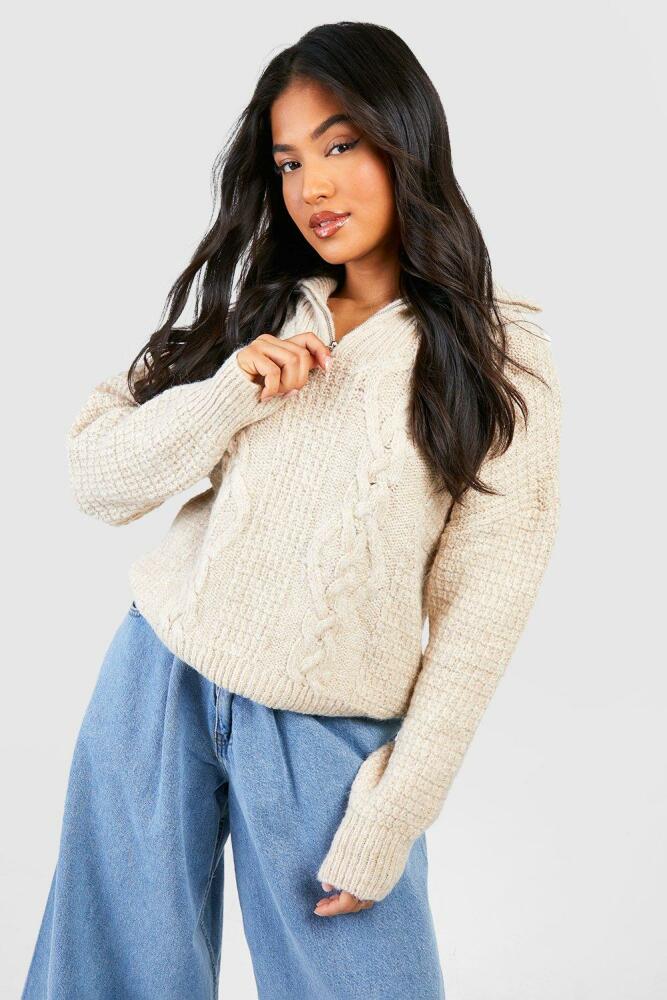 boohoo Womens Petite Half Zip Cable Knit Sweater - Beige Cover