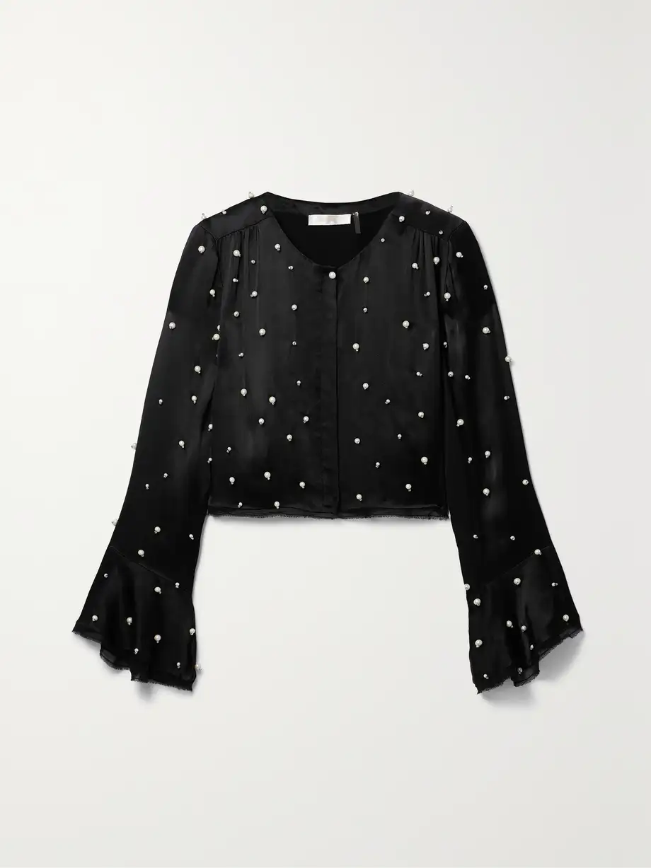 LoveShackFancy - Lyndon Chiffon-trimmed Embellished Satin-twill Blouse - Black Cover