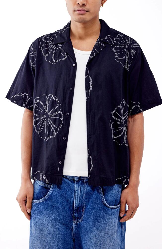 BDG Urban Outfitters Stitch Floral Cotton Camp Shirt in Black Cover