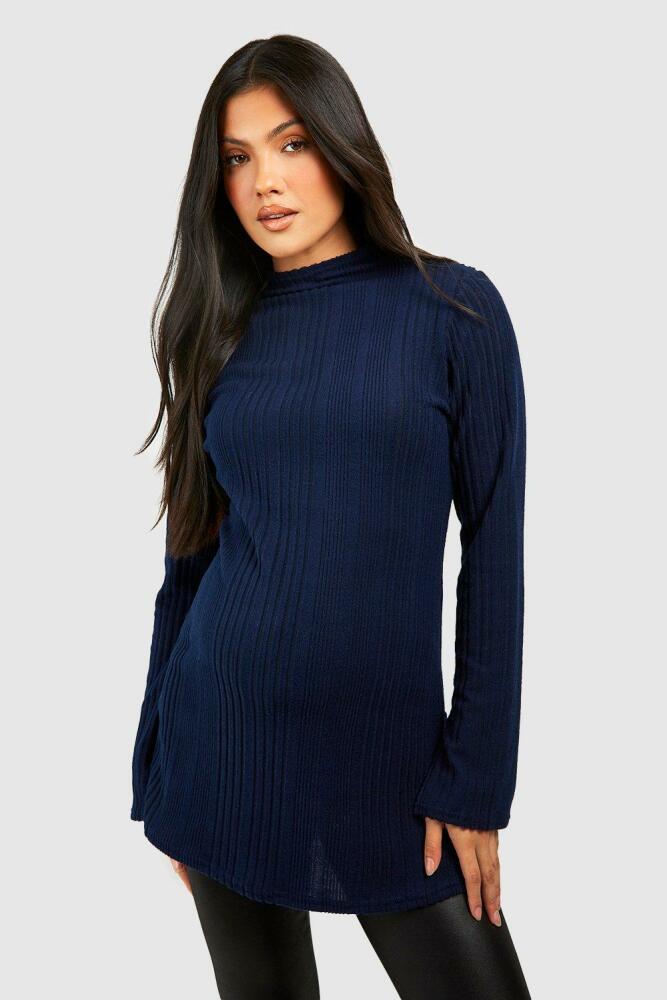 boohoo Womens Maternity Soft Rib Side Split High Neck Sweater - Navy Cover