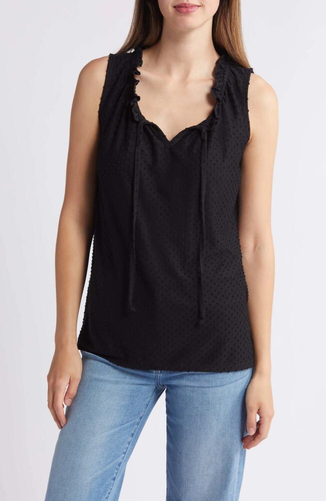 Loveappella Tie Neck Swiss Dot Sleeveless Knit Top in Black Cover