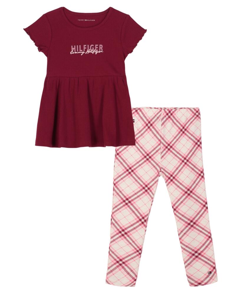 Tommy Hilfiger Little Girl Ribbed Peplum Tunic Plaid Leggings - Rhododendron/ Oatmeal Heather Print Cover