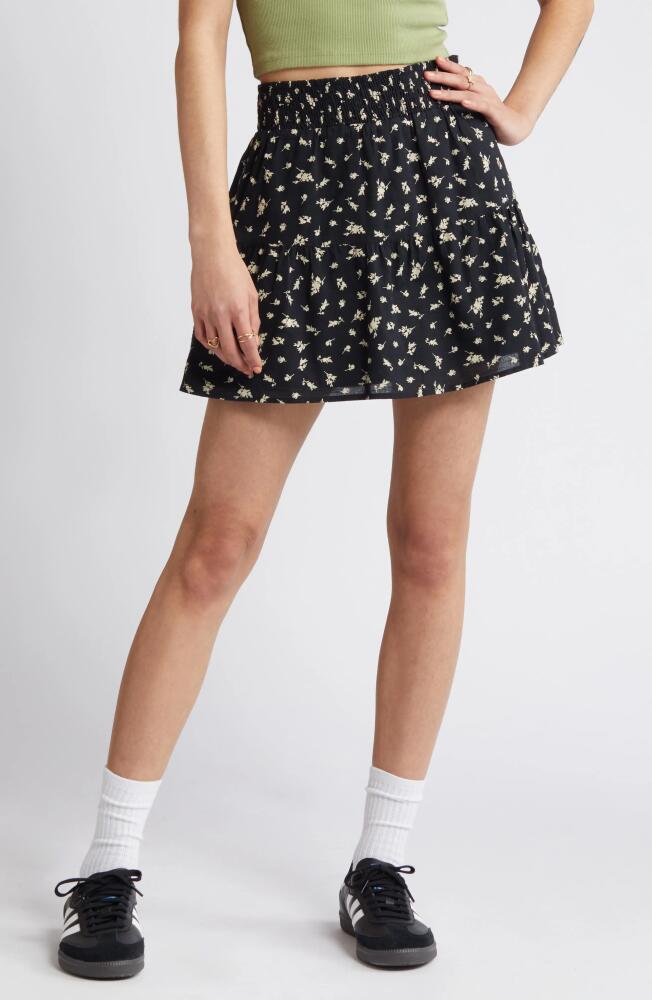 BP. Print Tiered Ruffle Miniskirt in Black Bibi Floral Cover