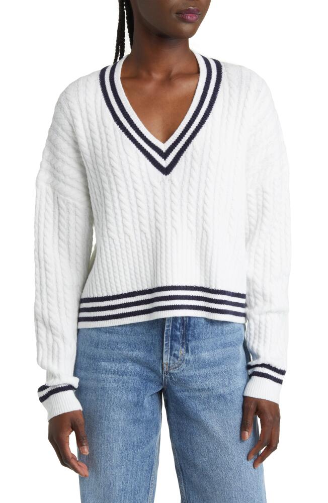 French Connection Babysoft V-Neck Cable Knit Sweater in Winter White/Duchess Blue Cover