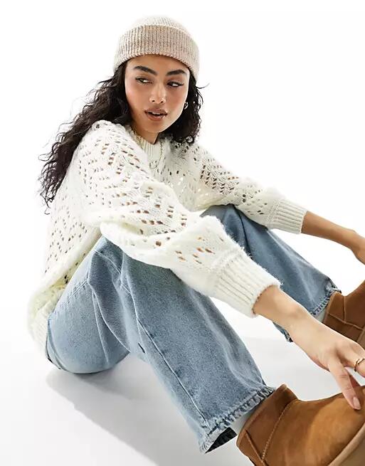 ASOS DESIGN crew neck sweater in loose pointelle stitch in cream-White Cover