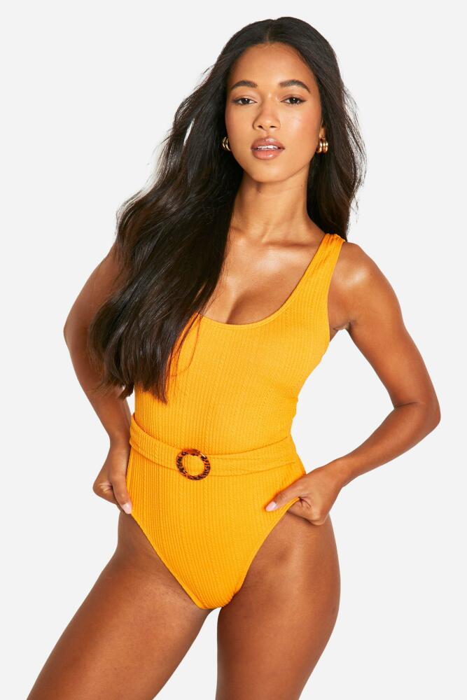 boohoo Womens Textured Rib Belted Scoop Bathing Suit - Orange Cover