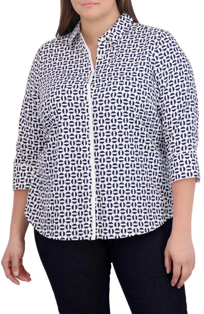 Foxcroft Charlie Geometric Print Cotton Button-Up Shirt in White/Navy Cover