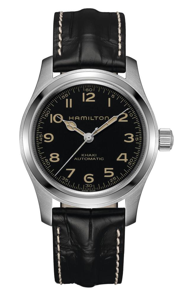 Hamilton Khaki Field Automatic Leather Strap Watch, 42mm in Black/Silver Cover