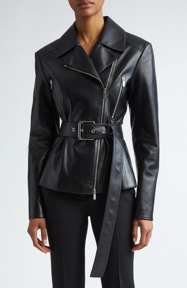 Michael Kors Collection Belted Plongé Leather Moto Jacket in Black Cover