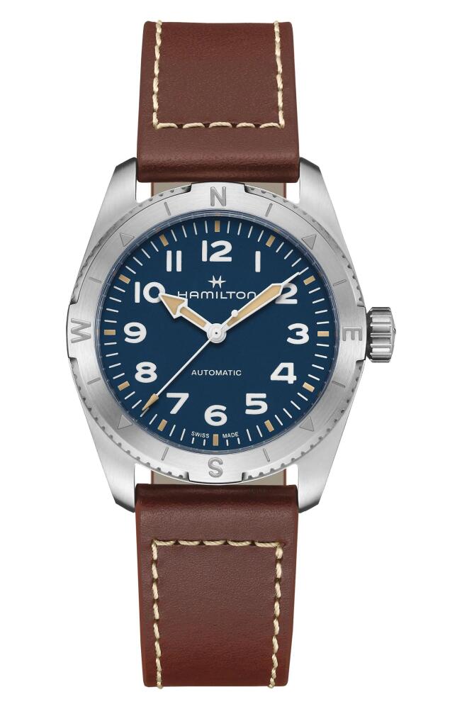 Hamilton Khaki Field Expedition Automatic Leather Strap Watch, 37mm in Blue Cover