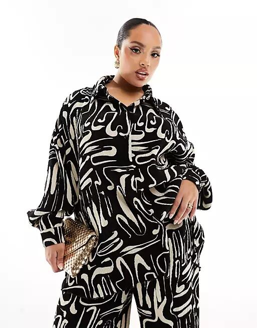 Extro & Vert Plus plisse shirt in abstract print - part of a set-Black Cover