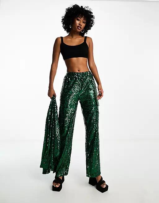 Extro & Vert wide leg sequin cargo pants in emerald green - part of a set Cover