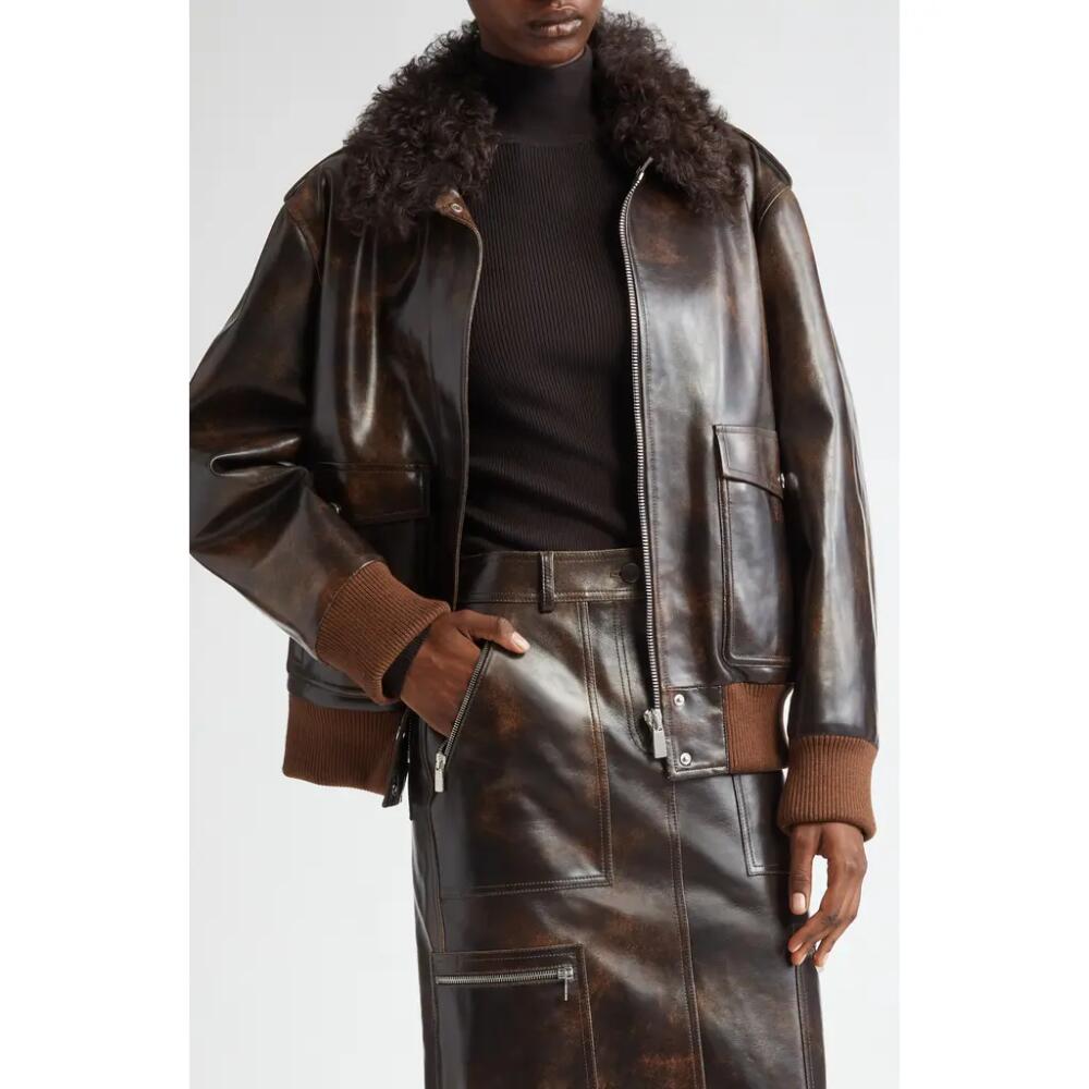 Michael Kors Collection Leather & Genuine Shearling Bomber Jacket in Chocolate Cover