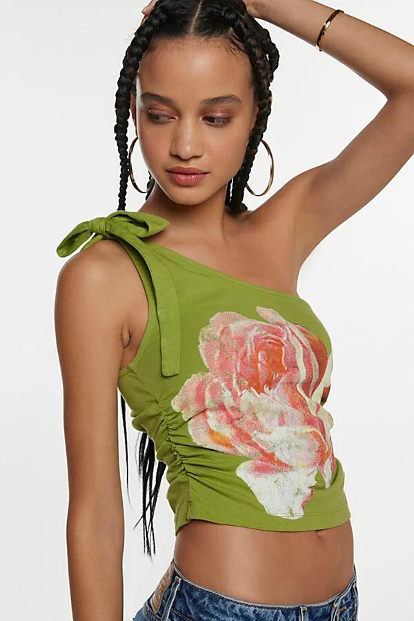 One-Shoulder Rose Graphic Tank Top in Lime Cover