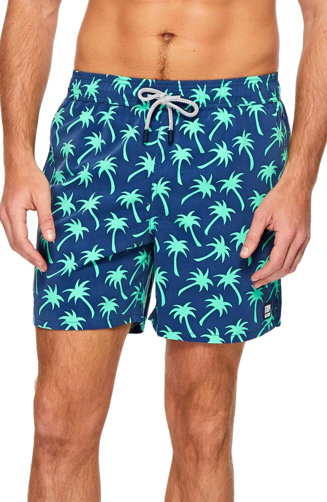 Tom & Teddy Palm Tree Print Swim Trunks in Navy/Spring Green Cover