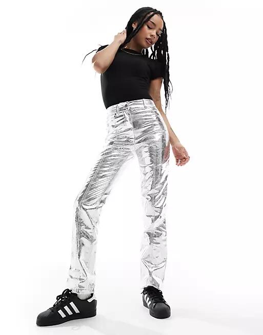 River Island Petite straight leg pants in silver metallic Cover