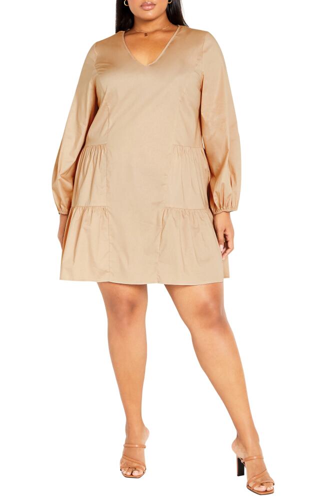 City Chic Alexia Long Sleeve Tiered Dress in Stone Cover