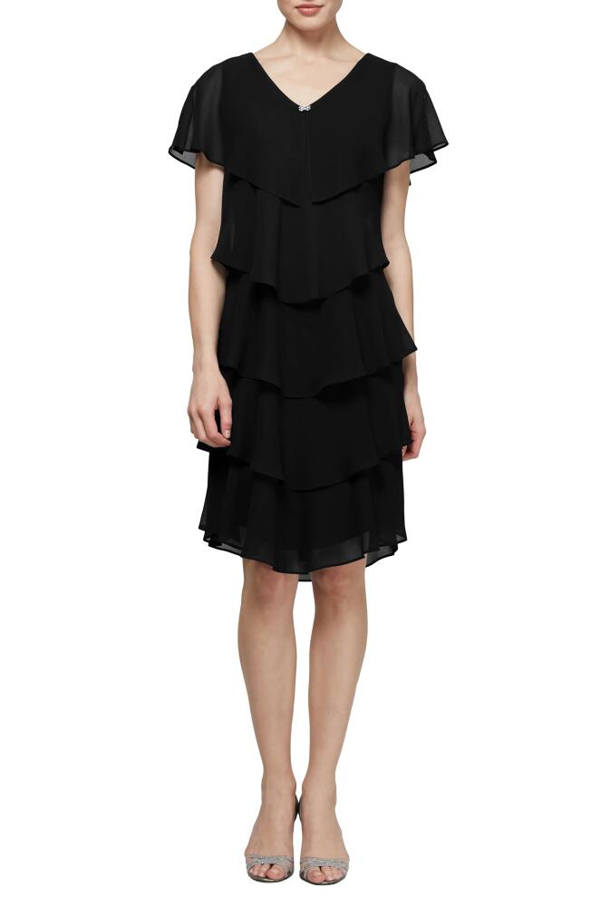 SL FASHIONS Cape Top Tiered Georgett Dress in Black Cover