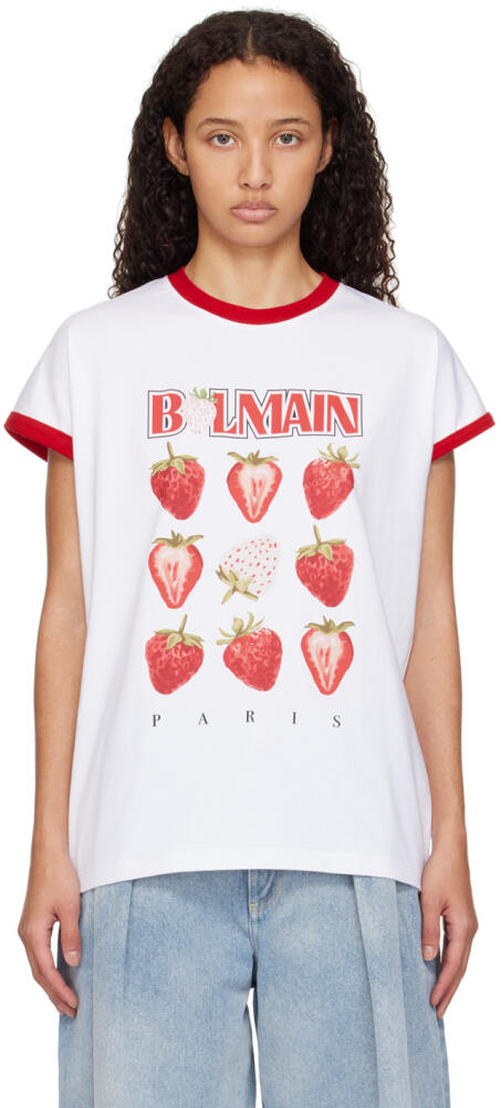 Balmain White Two-Tone 'Balmain' Strawberry Print T-shirt Cover