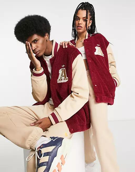 adidas Originals 'Preppy Varsity' unisex varsity jacket in burgundy and beige-Red Cover