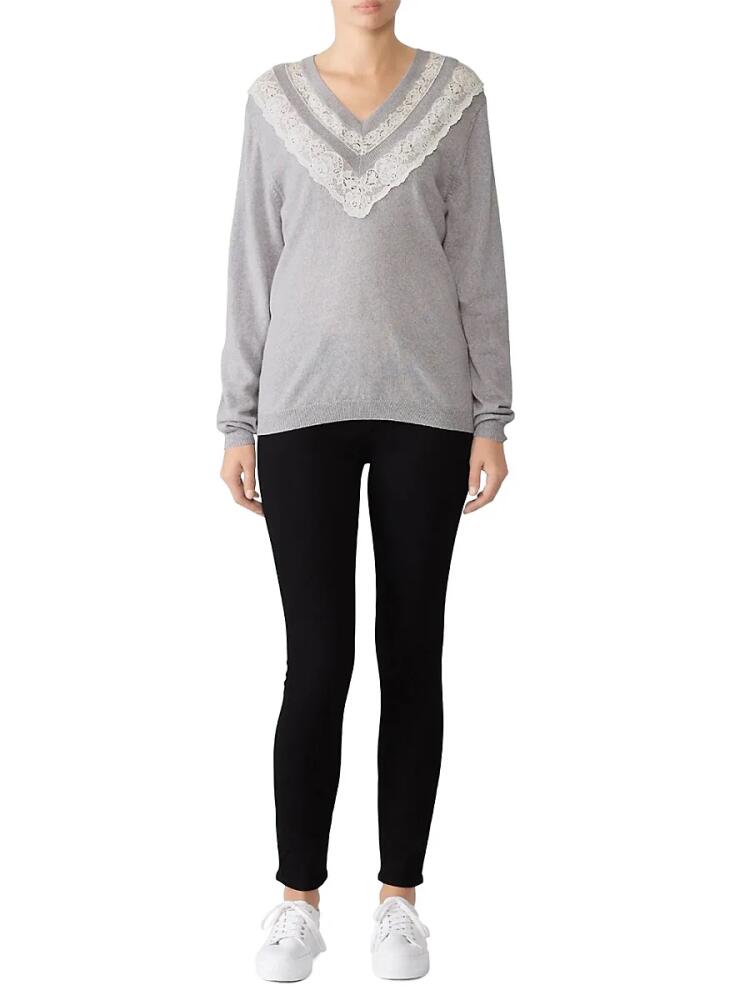 Rebecca Taylor Women's Merino Wool & Lace V Neck Sweater - Grey Cover