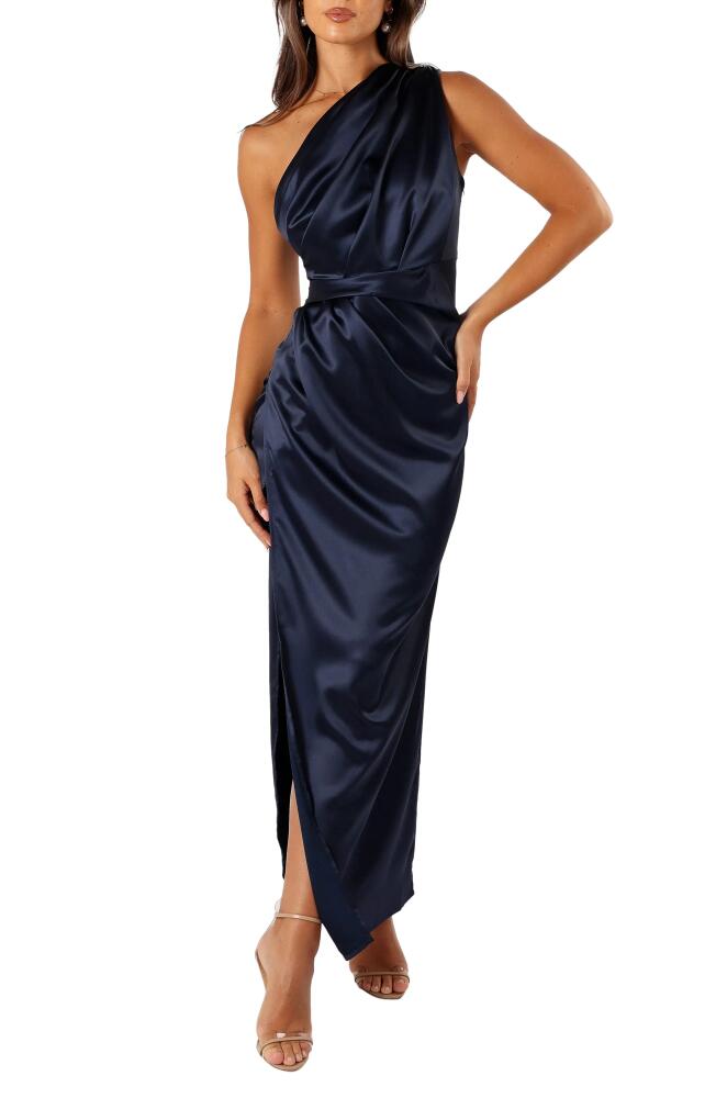 Petal & Pup Nadia One-Shoulder Satin Maxi Dress in Navy Cover