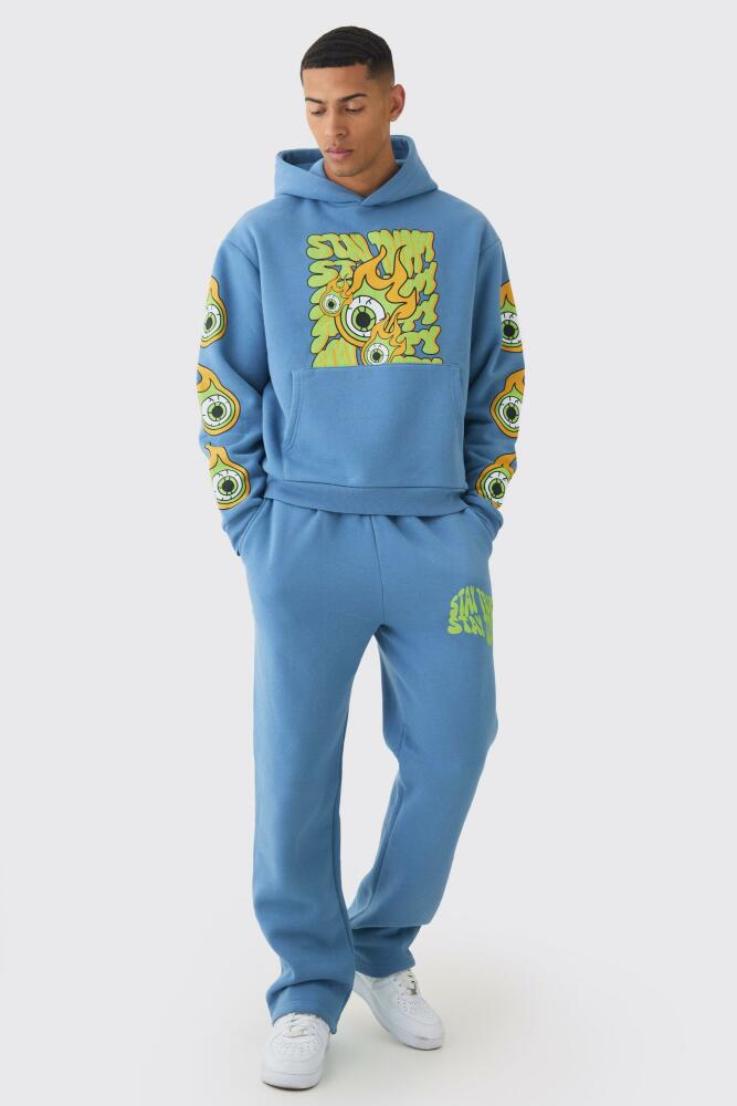 boohoo Mens Oversized Boxy Eye Puff Print Graphic Hooded Tracksuit - Blue Cover