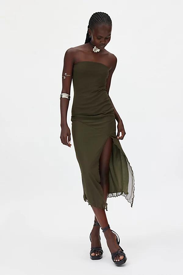 Urban Outfitters UO Samara Mesh Strapless Midi Dress in Khaki Cover