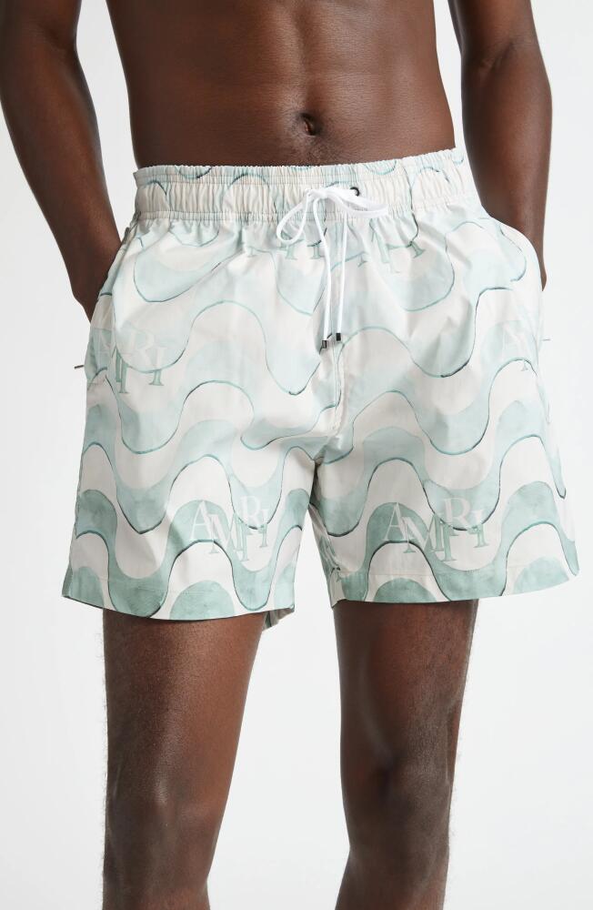 AMIRI Staggered Drawstring Swim Trunks in Cerulean Cover