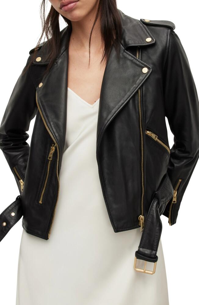 AllSaints Balfern Sheepskin Leather Biker Jacket in Black/Gold Cover