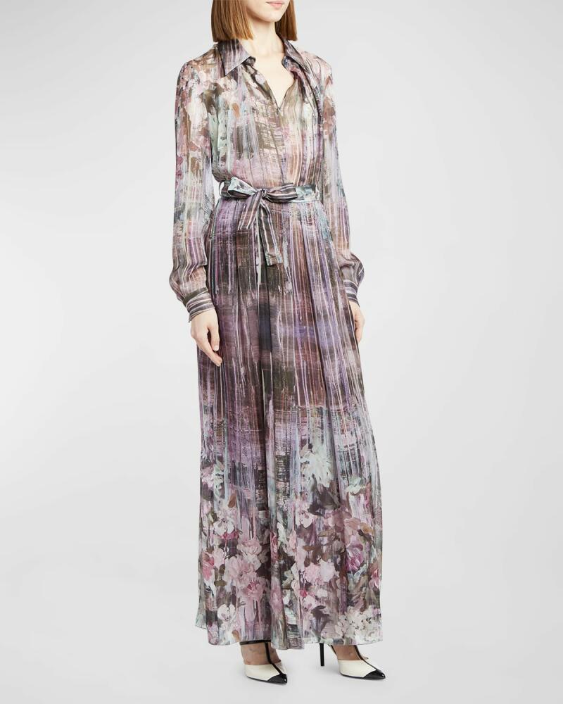 Alberta Ferretti Printed Chiffon Long-Sleeve Maxi Shirtdress Cover