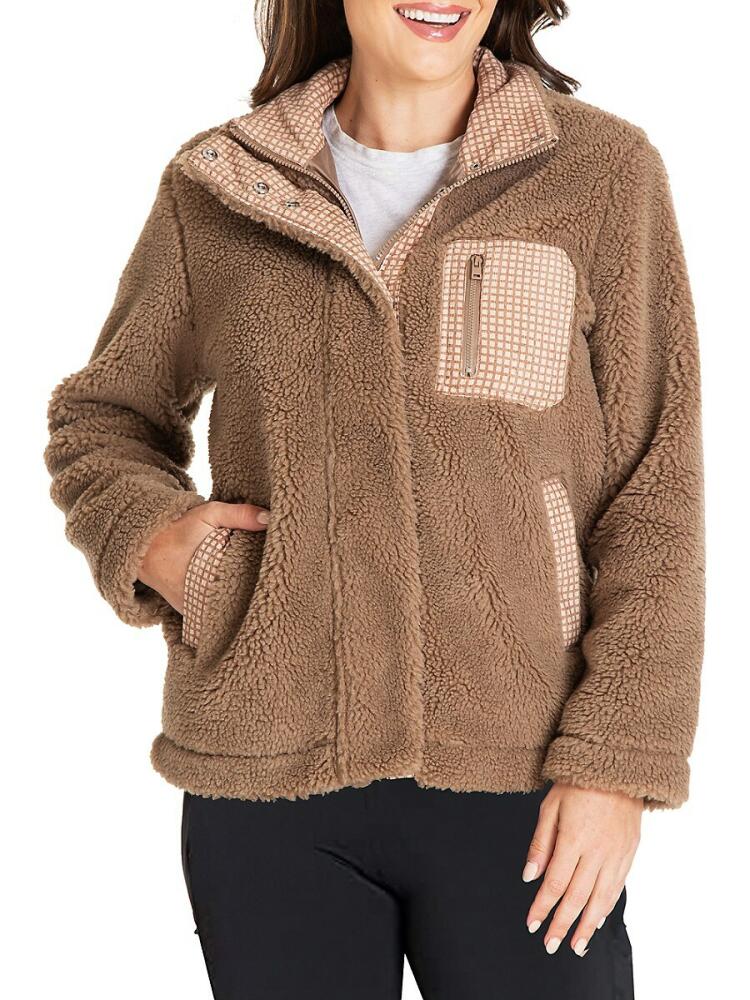 Kensie Women's Plus Zip Front Faux Shearling Jacket - Dark Pecan Cover