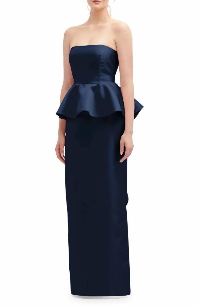 Alfred Sung Strapless Ruffle Peplum Satin Column Gown in Midnight Cover