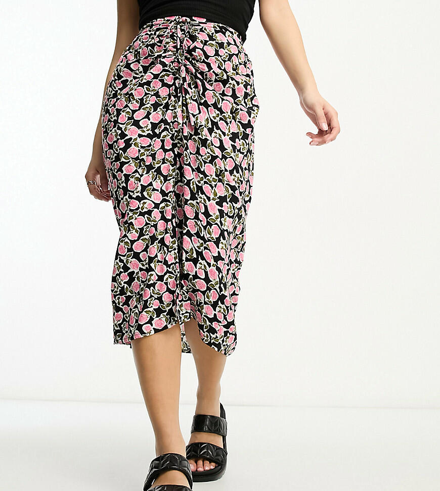 Miss Selfridge Petite ruched front midi skirt in black rose Cover