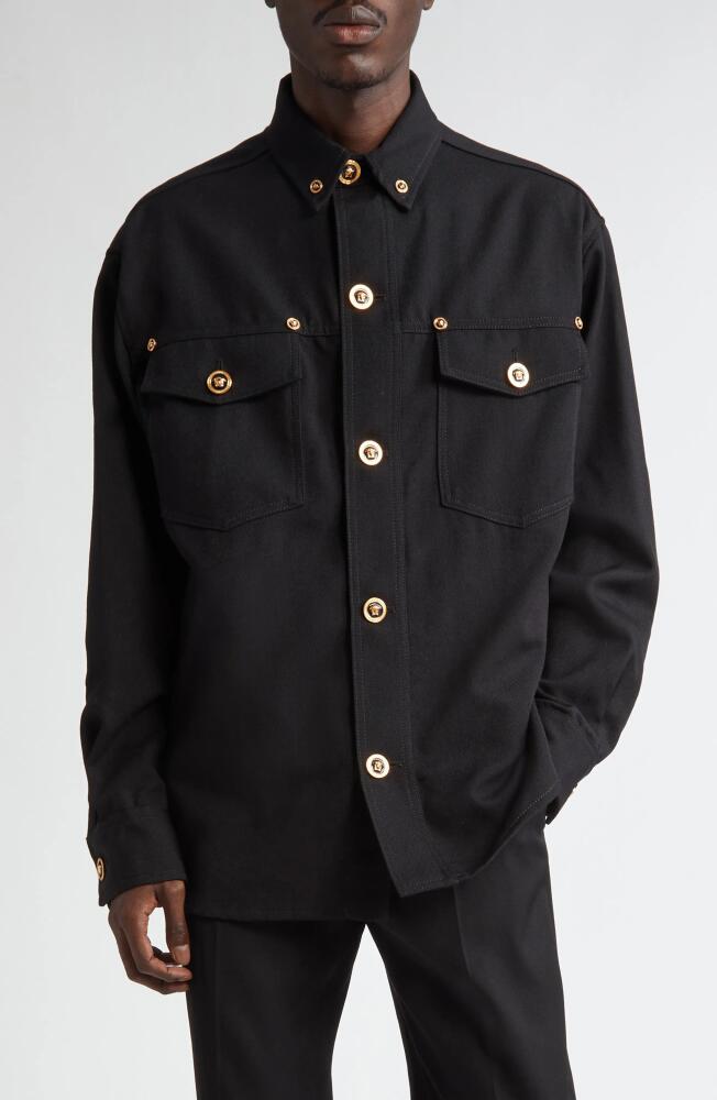 Versace Wool Gabardine Button-Down Overshirt in Black Cover