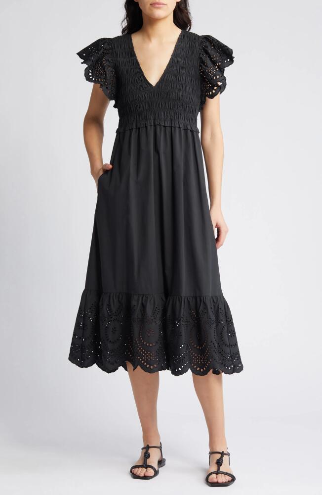 Rails Clementine Eyelet Smocked Cotton Blend Midi Dress in Black Eyelet Cover