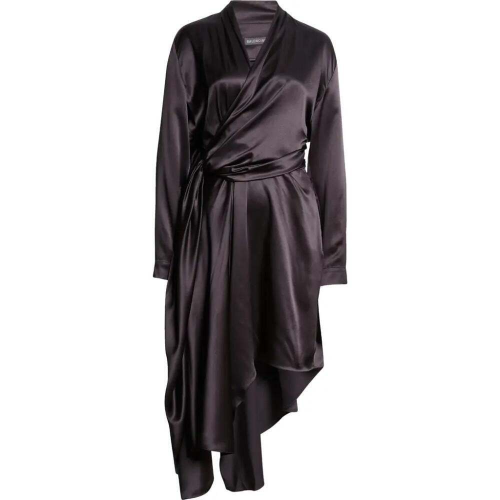 Balenciaga Draped Long Sleeve Silk Satin Wrap Dress in 1000 Black Cover