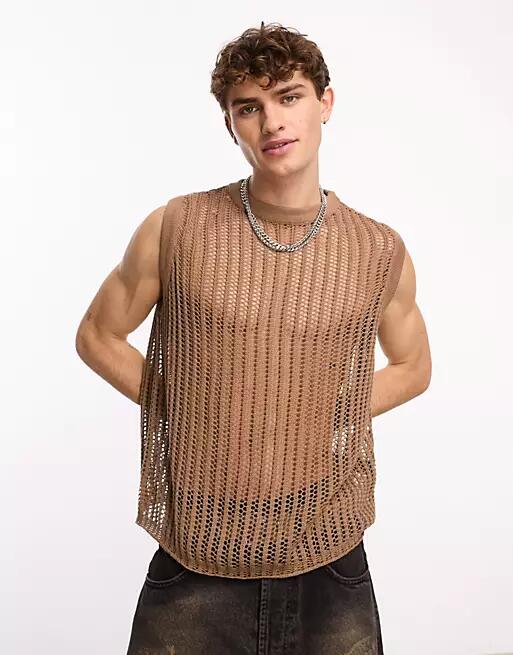 COLLUSION crochet knitted oversized tank top in mocha-Brown Cover