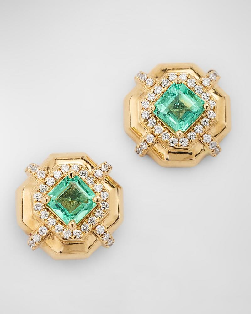 Goshwara G-Classics' 4mm Asscher Cut Emerald Earrings with Diamonds In 18K Yellow Gold Cover