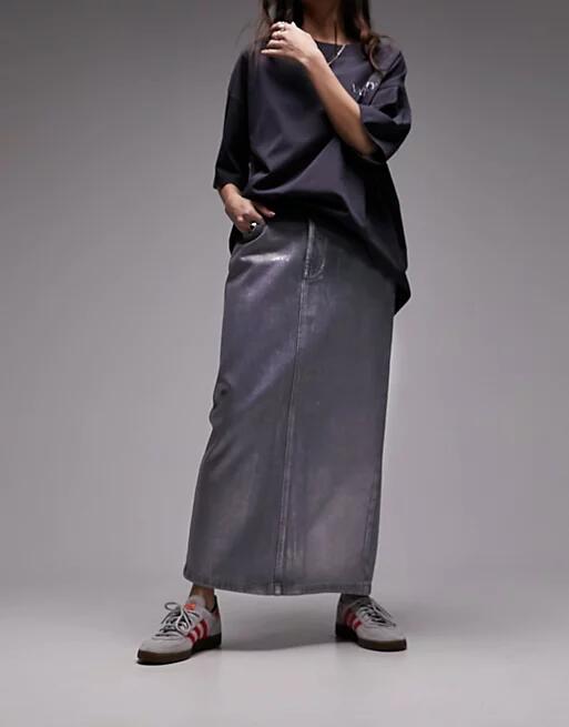 Topshop silver foil denim midi skirt in gray Cover