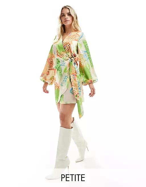 Never Fully Dressed Petite wrap mini dress in green abstract print Cover