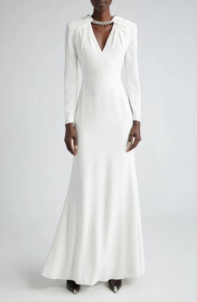 Alexander McQueen Crystal Embellished Long Sleeve Leaf Crepe Gown in Light Ivory Cover