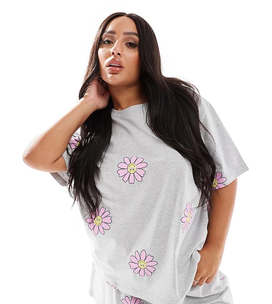 ASOS DESIGN Curve flower oversized tee & shorts pajama set in gray Cover